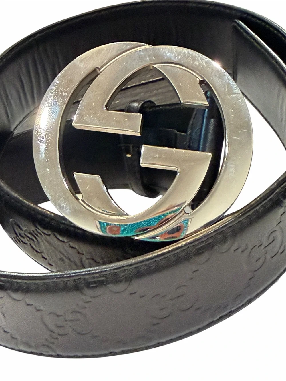 Gucci Black Leather GG Embossed Belt with Silver Interlocking G Buckle